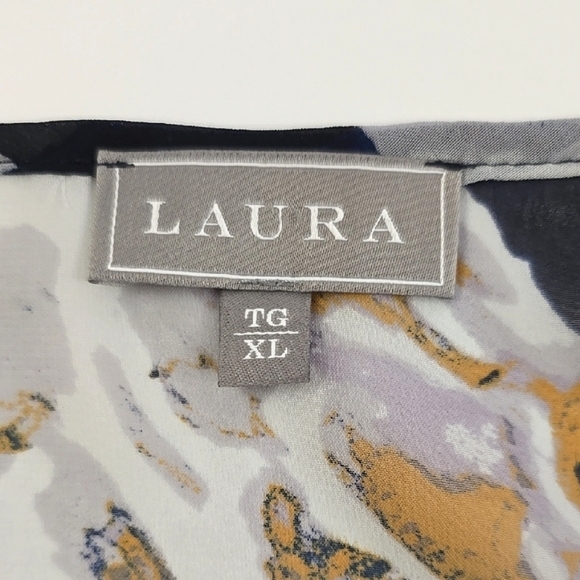 LAURA Women's Semi Sheer Blouse Top Blue Large White Floral Print Flowy Size XL - Picture 5 of 15